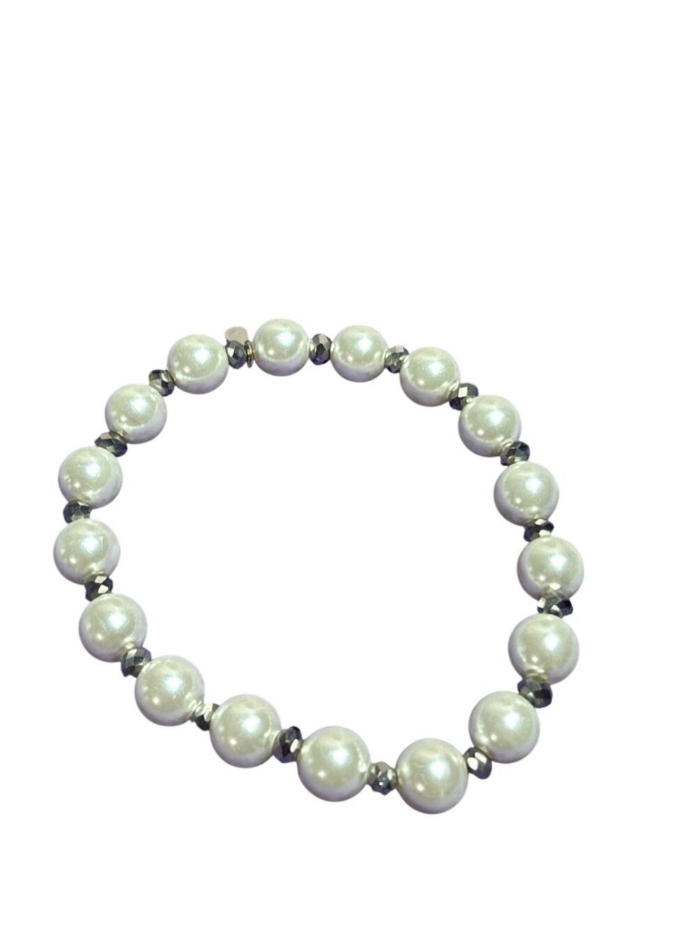 RMN Signed Roman Faux Pearl Stretchy Beaded Bracelet Silvertone Faceted 6.25 in